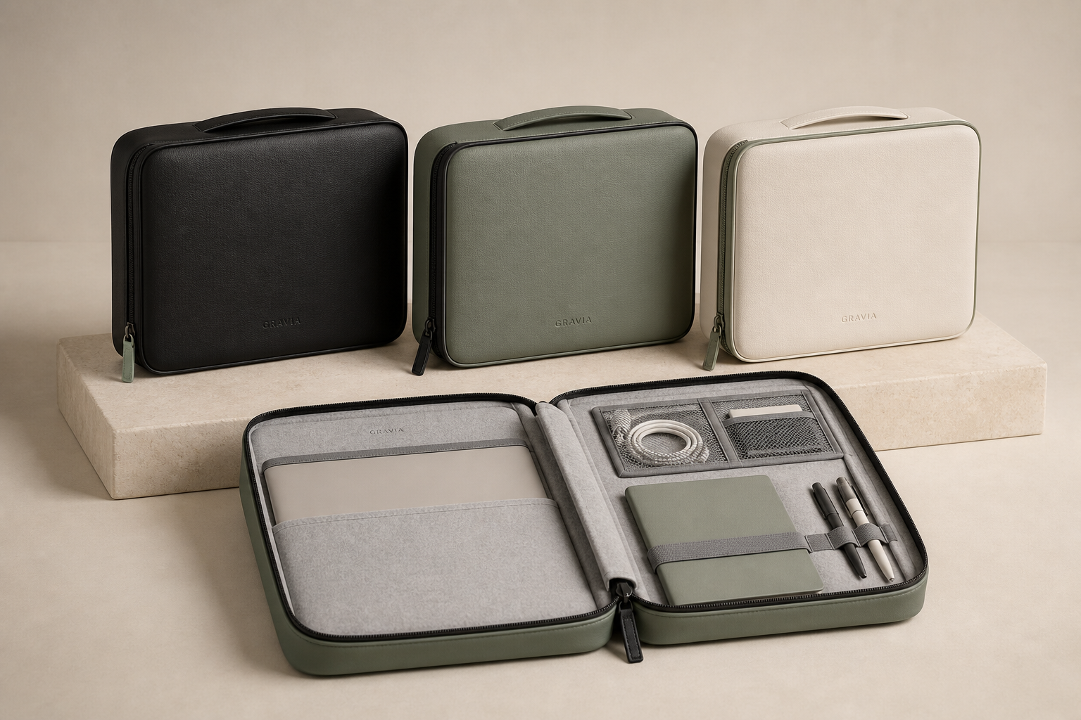 GRAVIA reusable organiser gift boxes in graphite, sage and warm white, with internal work compartments