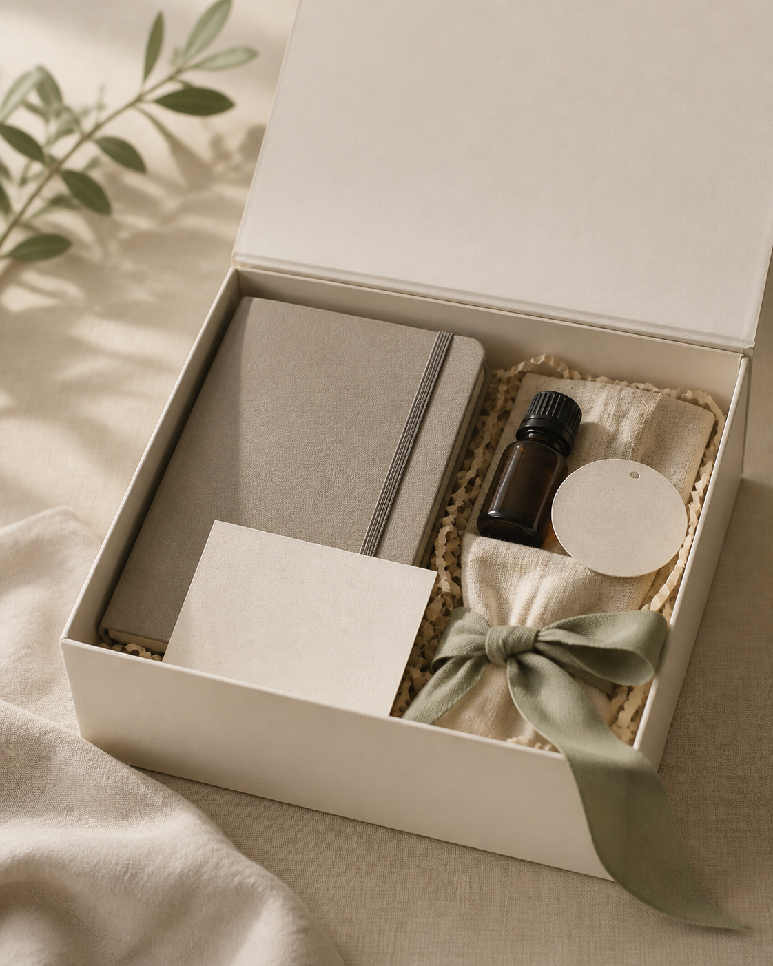 An open warm-white GRAVIA gift box with practical corporate gifts