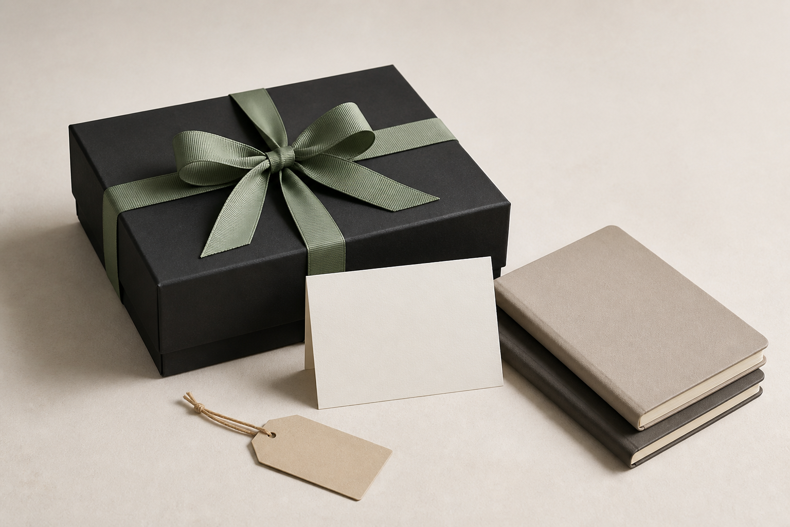 Minimal gift packaging finished with a sage ribbon