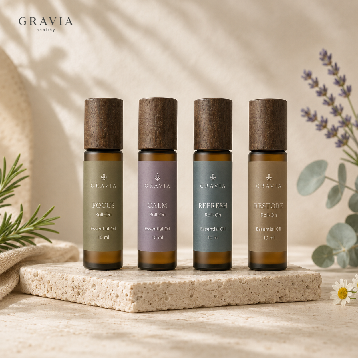 GRAVIA Four-Moment Wellbeing Roll-On Oils: Focus, Calm, Refresh and Restore
